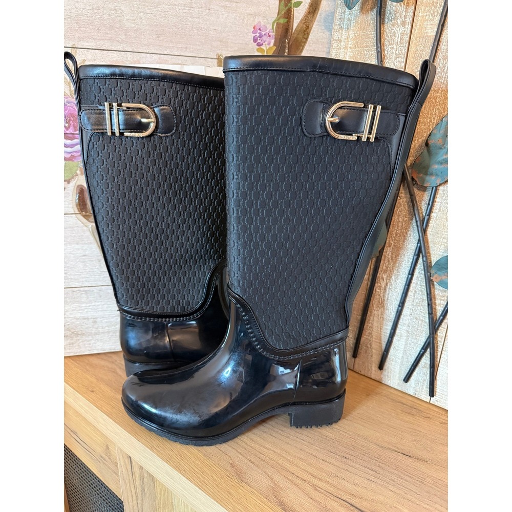 Tommy Hilfiger Women's Black Tall Rain Boots Gold Buckle Lug Sole Size 7